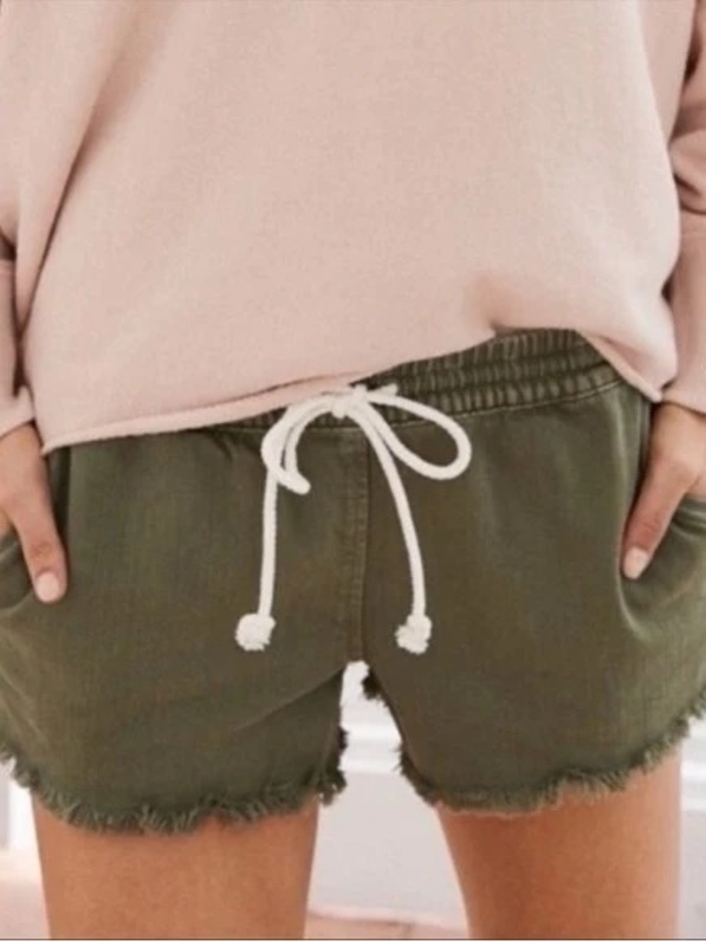 62. | aerie | Olive Green | Drawstring Frayed Hem Shorts | L